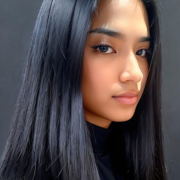 Portrait of Hazel Pan with long black hair against a dark grey wall